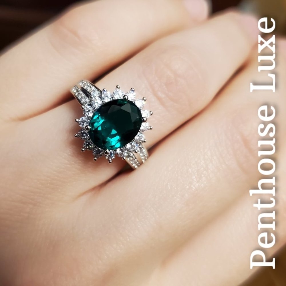 FINAL RESTOCK!! Oval Cut Emerald White Sapphire Halo Ring - Picture 4 of 5